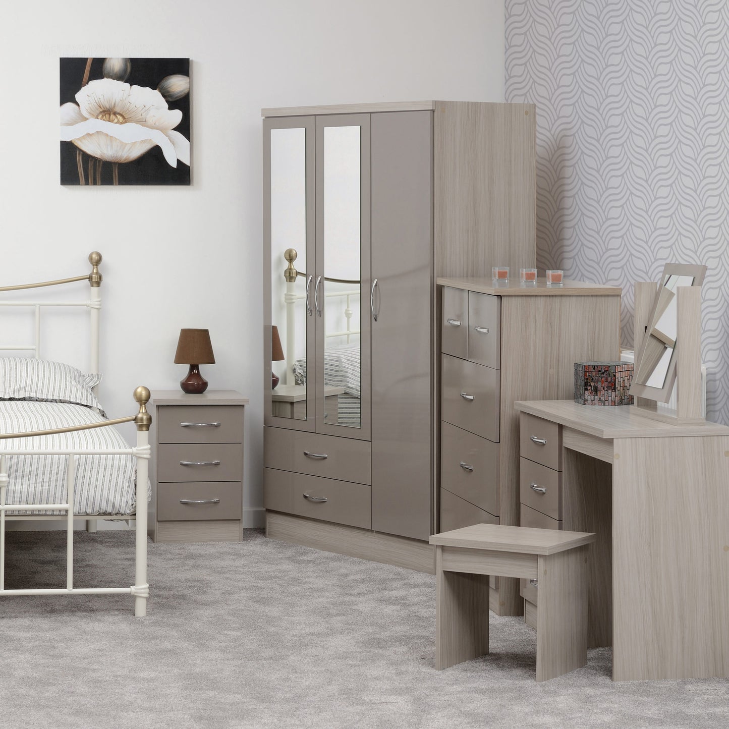 Nevada Dressing Table Set - Oyster Gloss/Light Oak Effect Veneer