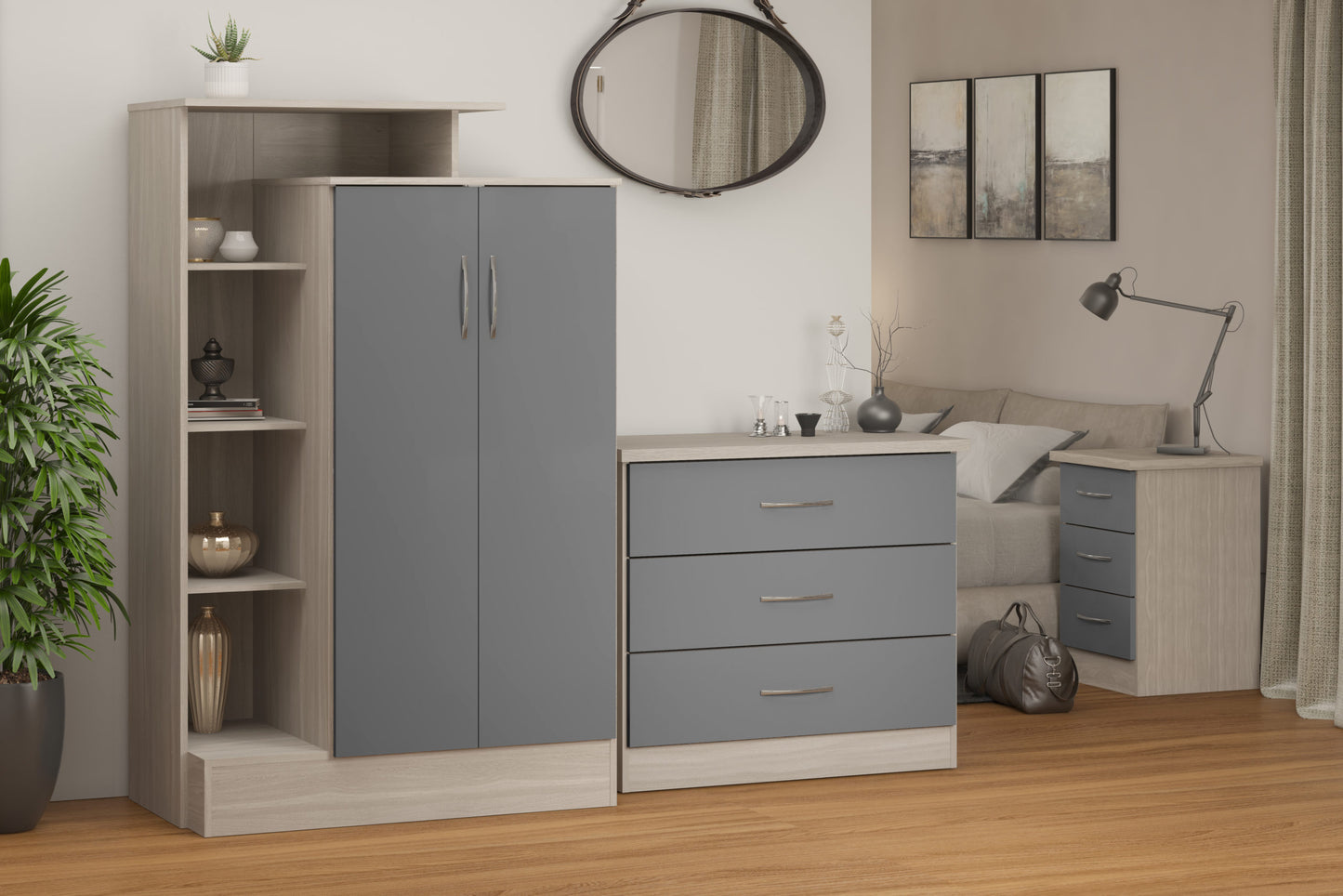 Nevada Petite Open Shelf Wardrobe - Grey Gloss/Light Oak Effect Veneer