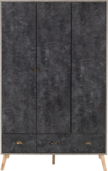 Nordic 3 Door 3 Drawer Wardrobe - Grey/Charcoal Concrete Effect