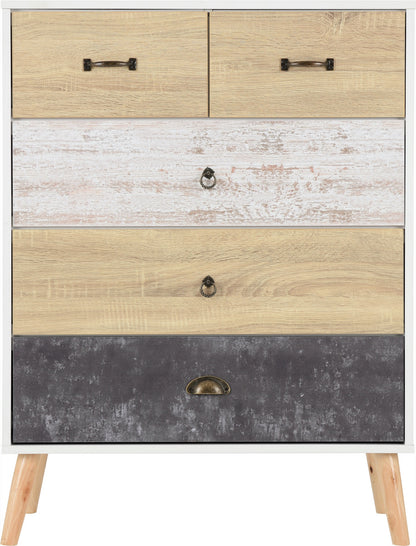 Nordic 3+2 Drawer Chest - White/Distressed Effect