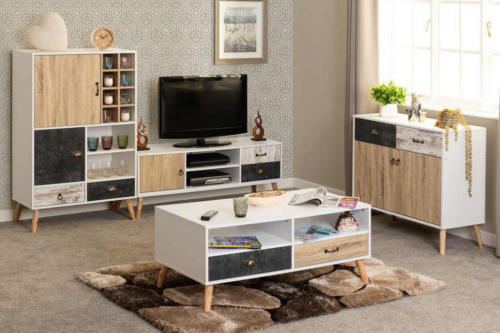 Nordic 2 Drawer Coffee Table - White/Distressed Effect