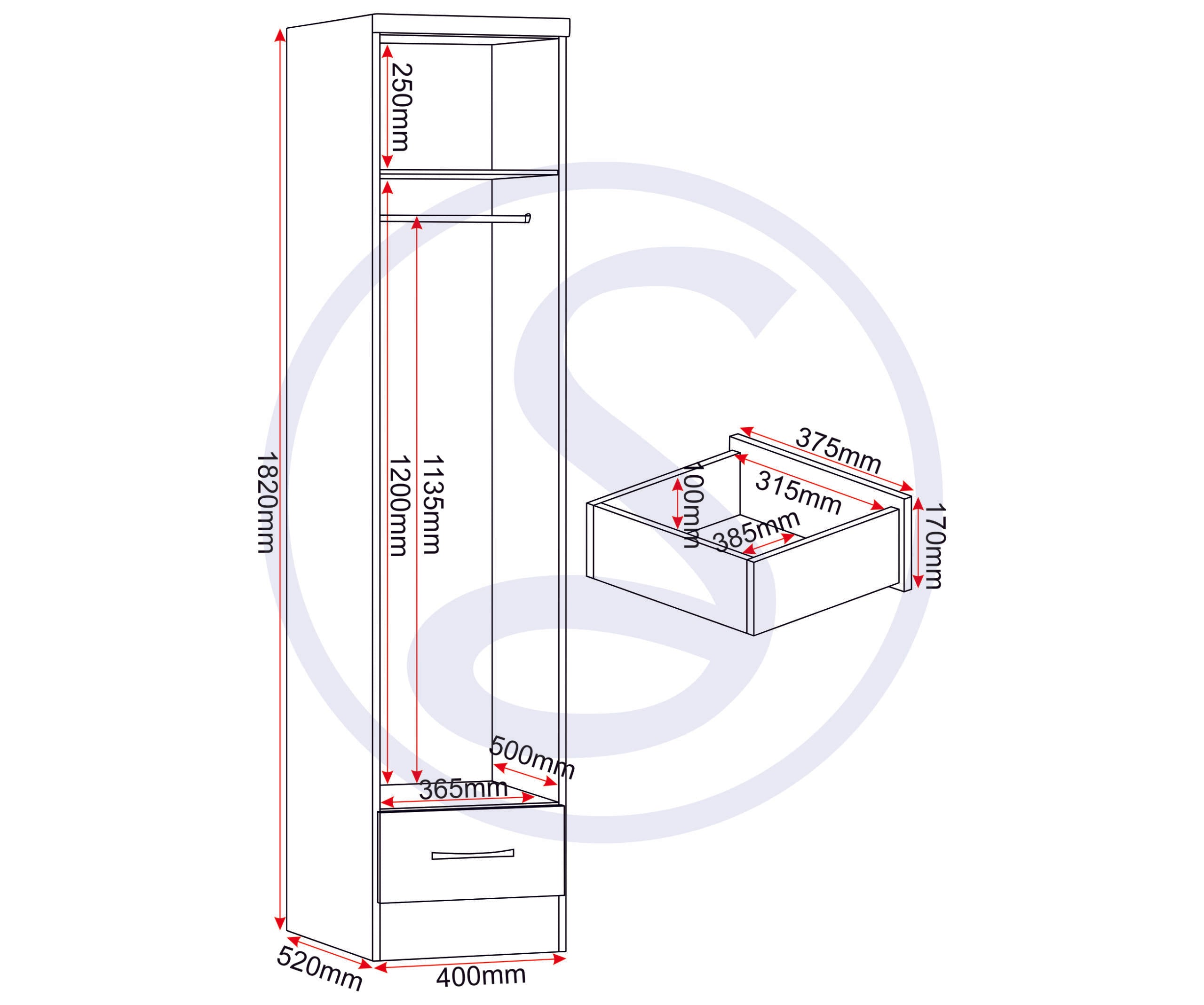 Nevada 1 Door 1 Drawer Wardrobe - Sonoma Oak Effect