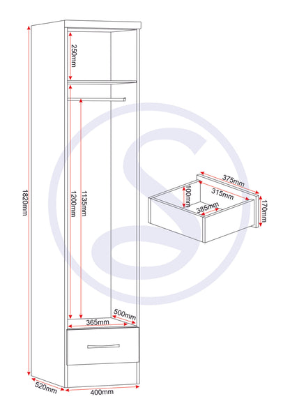 Nevada 1 Door 1 Drawer Wardrobe - White Gloss