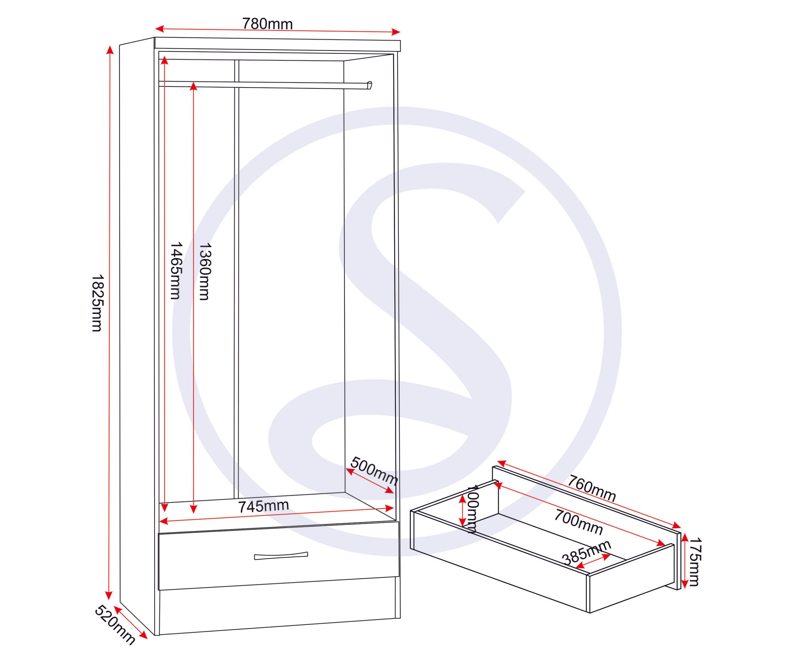 Nevada 2 Door 1 Drawer Wardrobe Bedroom Set - Sonoma Oak Effect