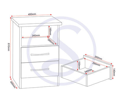 Nevada 2 Drawer Bedside - Grey Gloss/Light Oak Effect Veneer