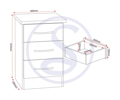 Nevada 3 Drawer Bedside - Black Gloss