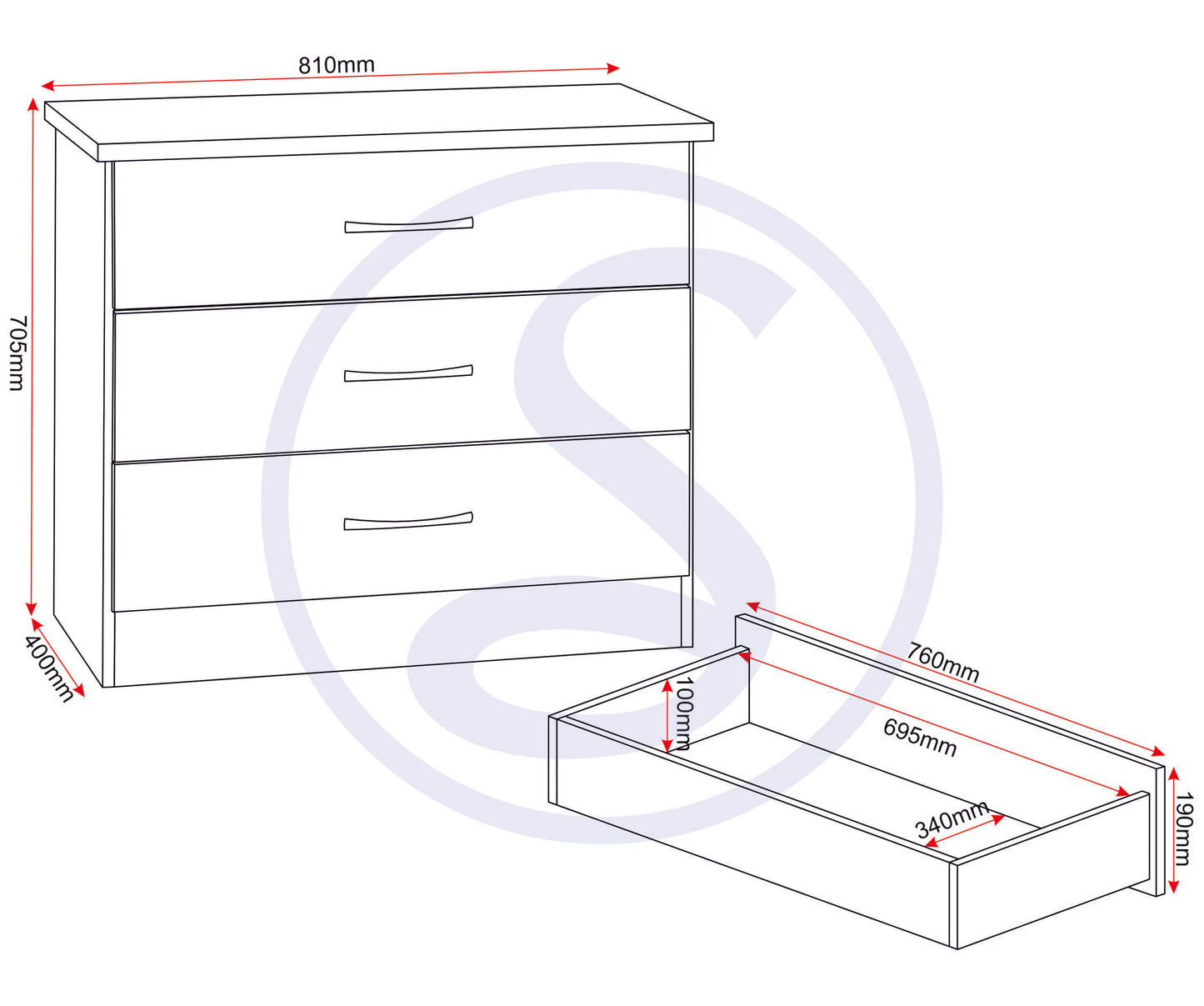 Nevada 3 Drawer Chest - Black Gloss
