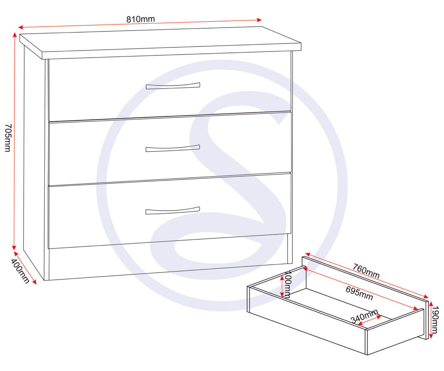 Nevada 3 Drawer Chest - Grey Gloss/Light Oak Effect Veneer