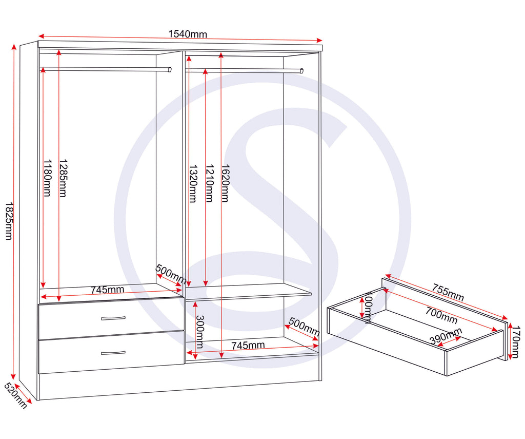 Nevada 4 Door 2 Drawer Wardrobe Bedroom Set - White Gloss