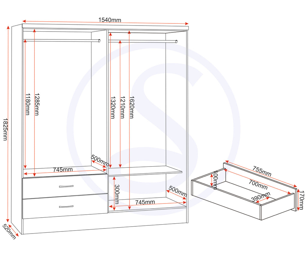 Nevada 4 Door 2 Drawer Wardrobe - Oyster Gloss/Light Oak Effect Veneer