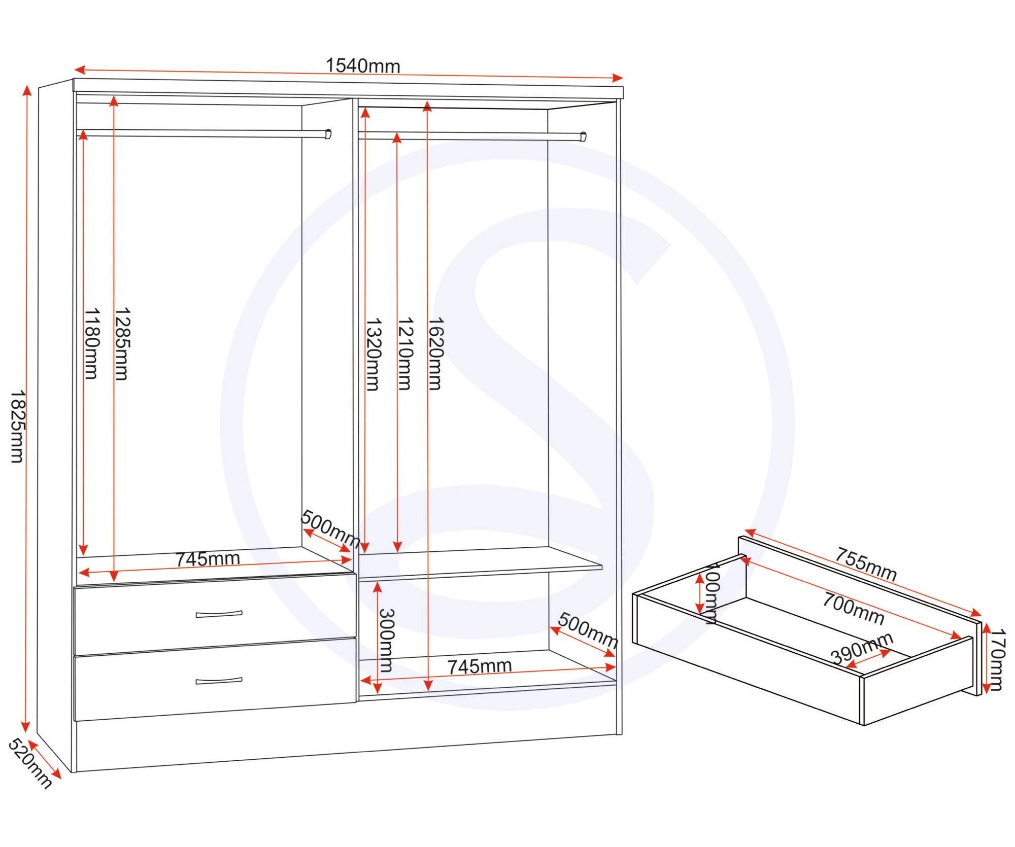 Nevada 4 Door 2 Drawer Wardrobe - Oyster Gloss/Light Oak Effect Veneer