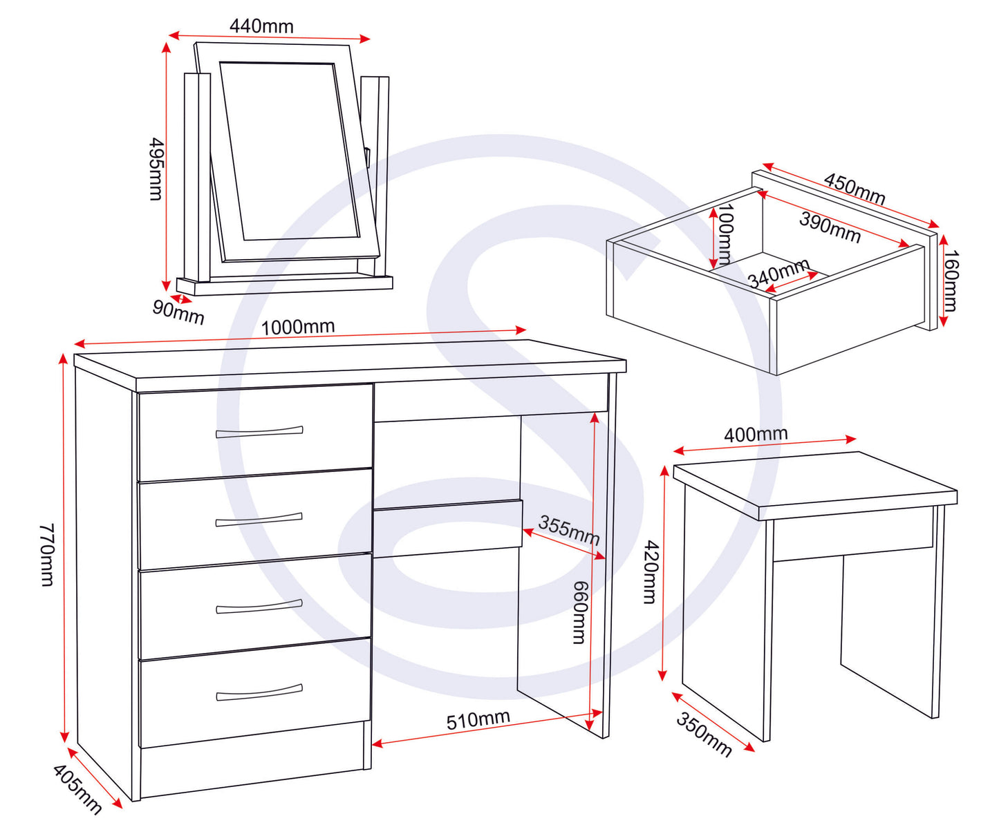 Nevada Dressing Table Set - 3D Effect Grey