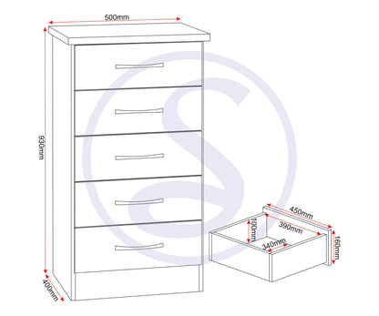 Nevada 5 Drawer Narrow Chest - Oyster Gloss/Light Oak Effect Veneer