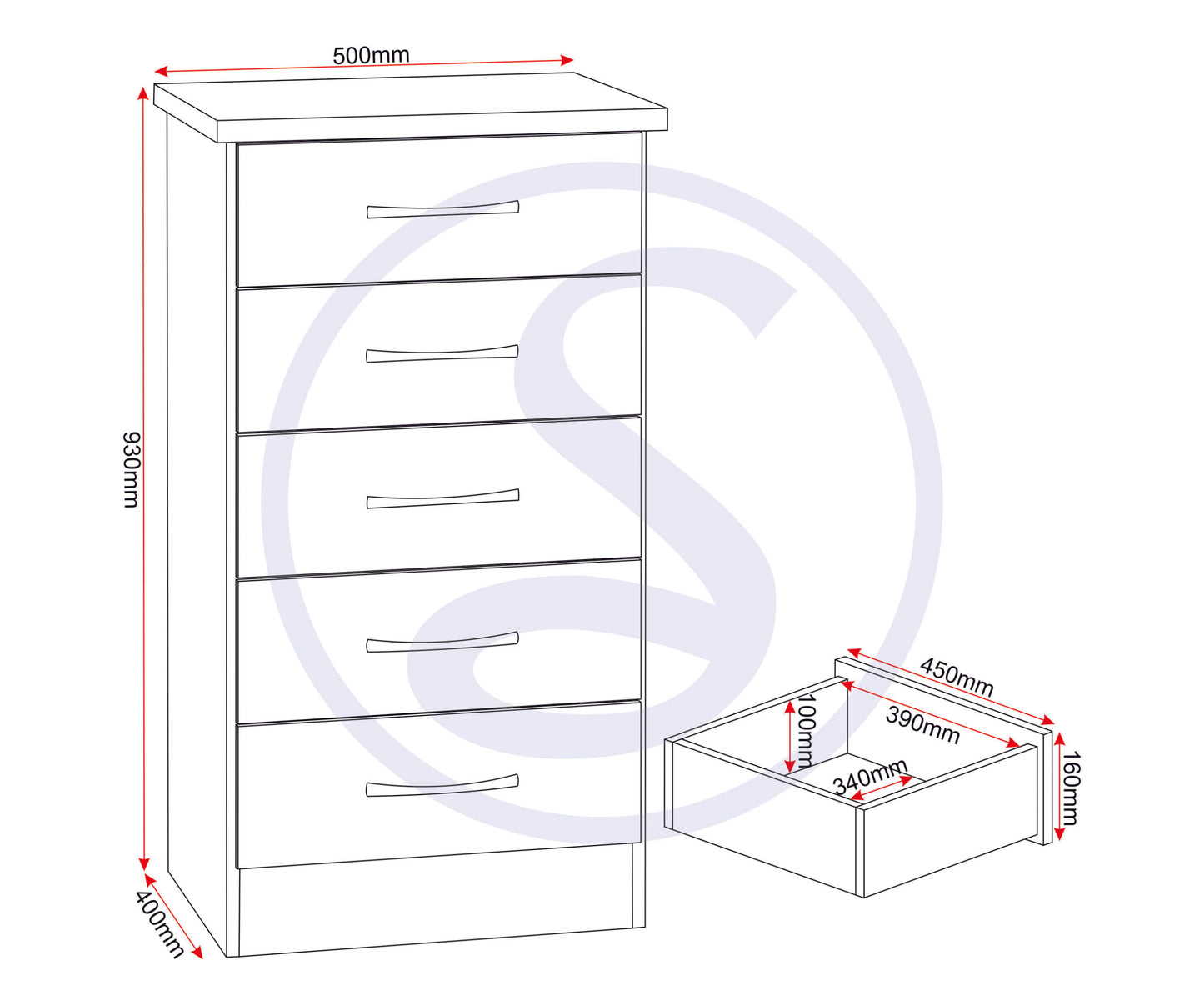 Nevada 5 Drawer Narrow Chest - Black Wood Grain
