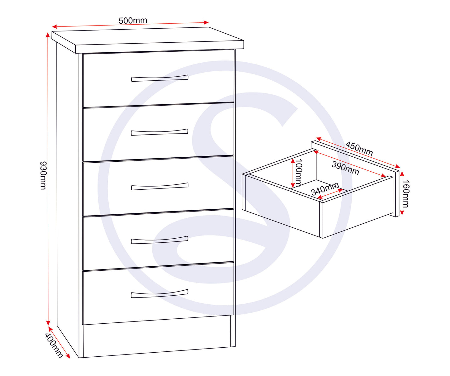 Nevada 5 Drawer Narrow Chest - Black Gloss