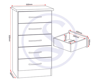 Nevada 5 Drawer Narrow Chest - Black Gloss