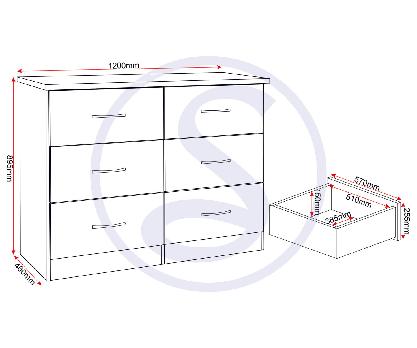 Nevada 6 Drawer Chest - 3D Effect Grey