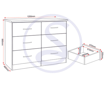 Nevada 6 Drawer Chest - 3D Effect Grey