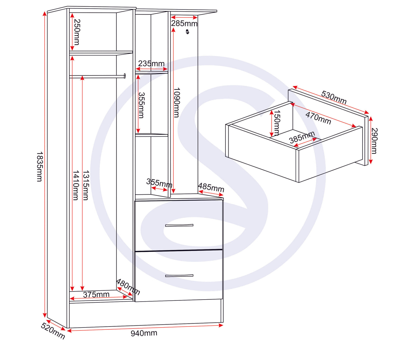 Nevada Mirrored Open Shelf Wardrobe - White Gloss
