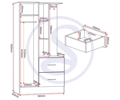 Nevada Mirrored Open Shelf Wardrobe - White Gloss