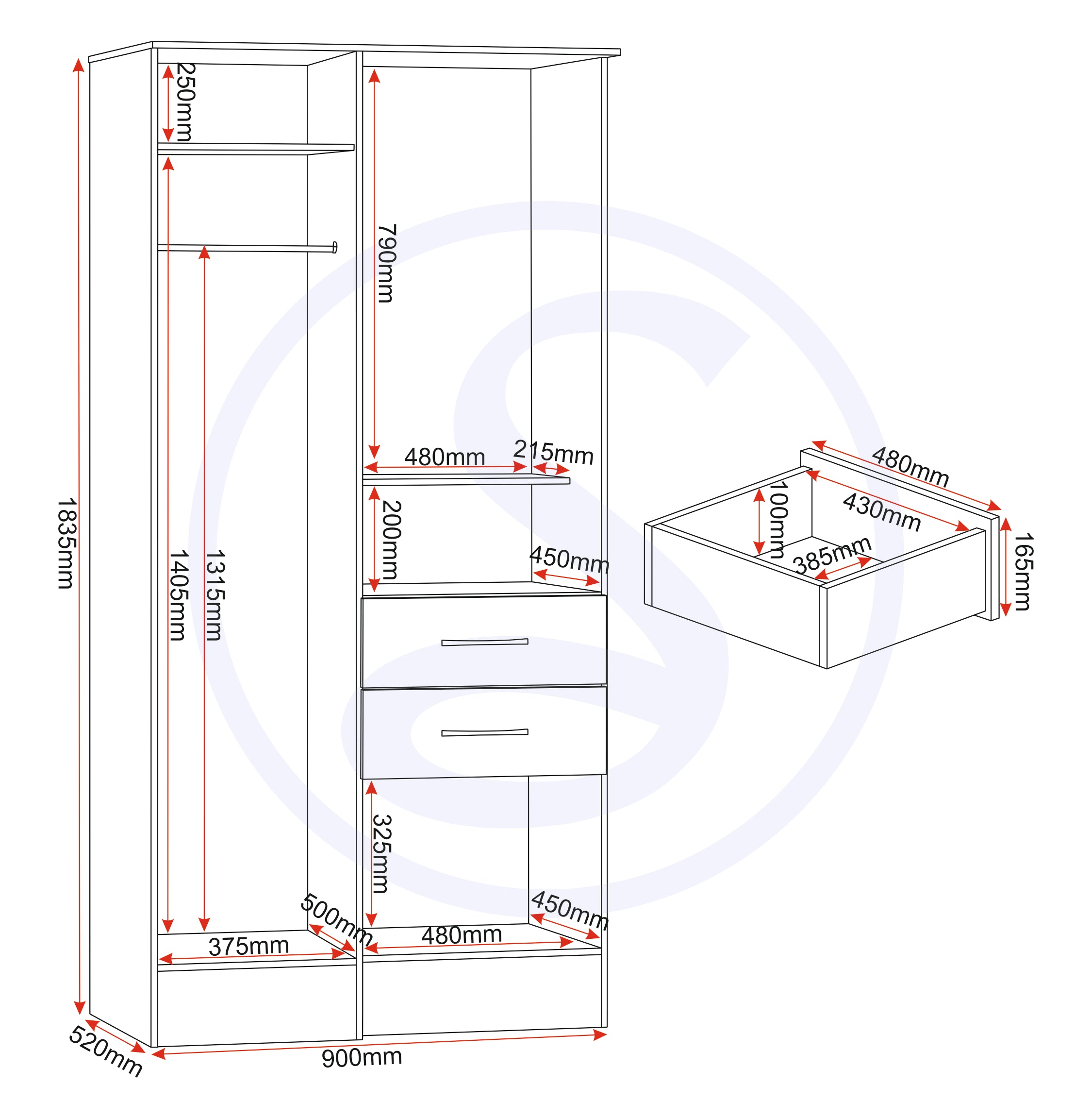 Nevada Vanity 1 Door Wardrobe - Black Wood Grain