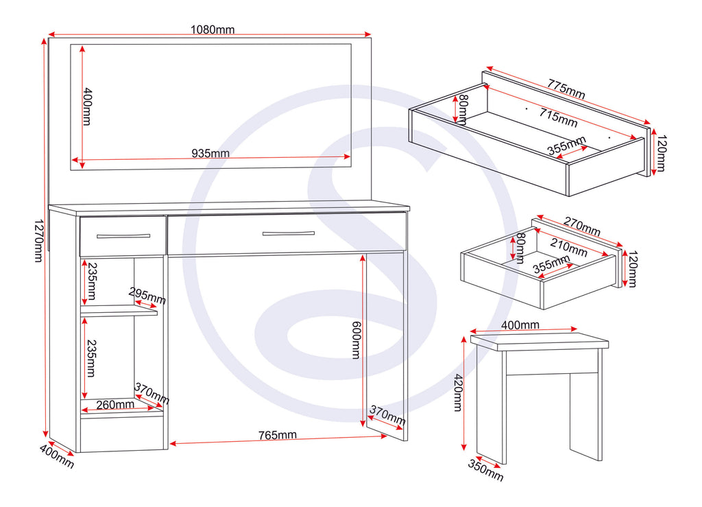 Nevada Vanity/Dressing Table Set - White Gloss