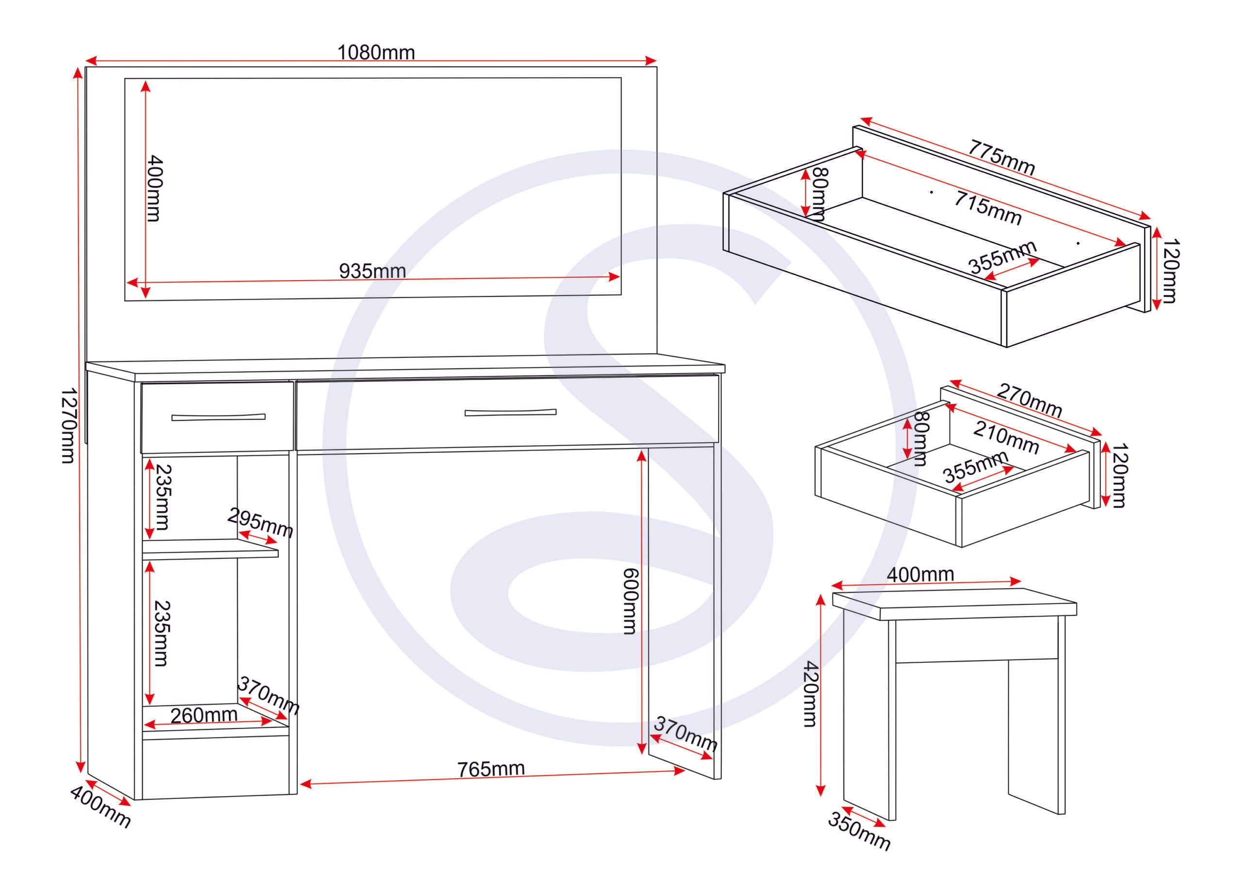 Nevada Vanity/Dressing Table Set - White Gloss