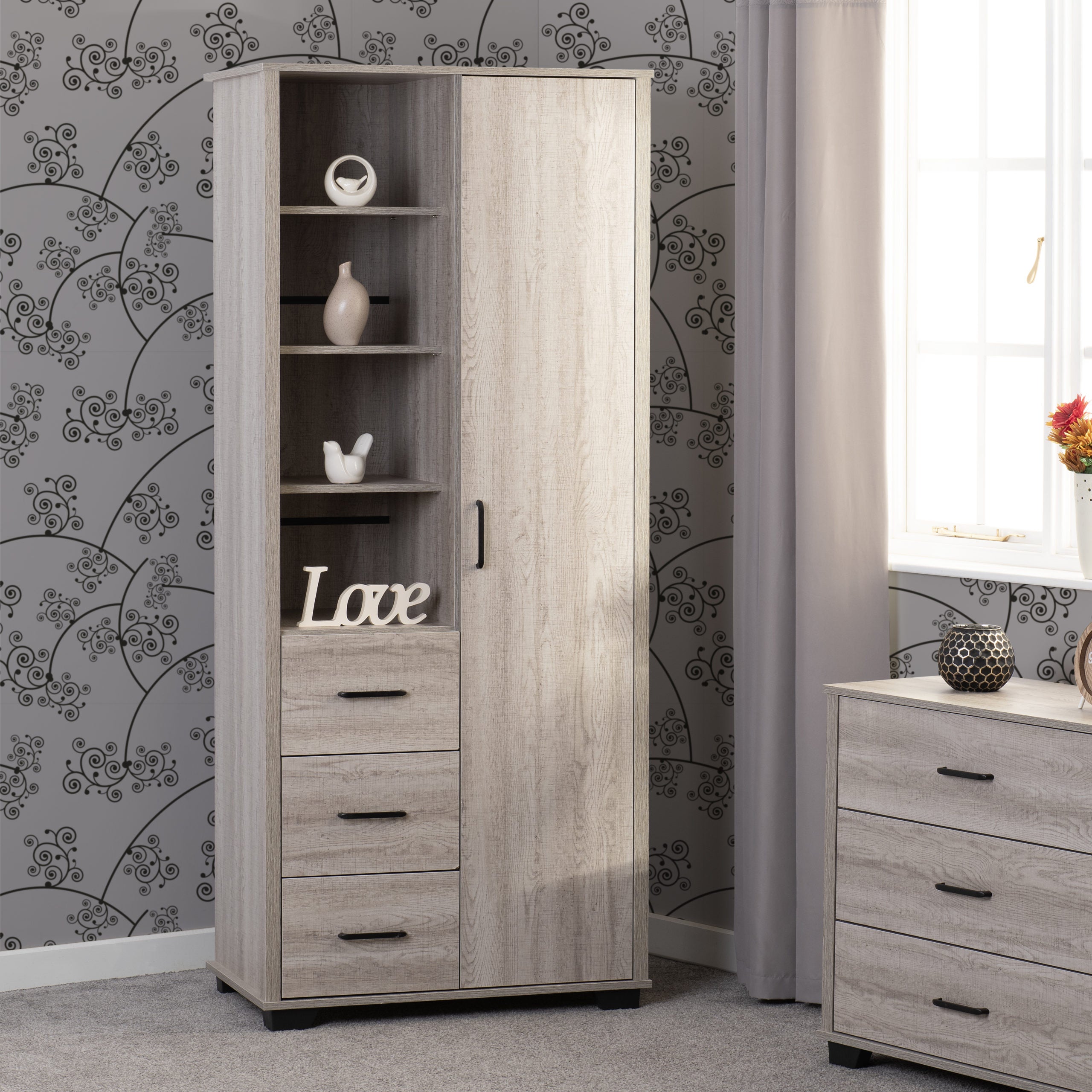Oliver 1 Door 3 Drawer Open Shelf Wardrobe - Light Oak Effect