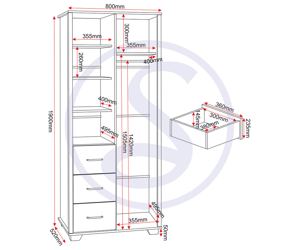 Oliver 1 Door 3 Drawer Open Shelf Wardrobe - Light Oak Effect