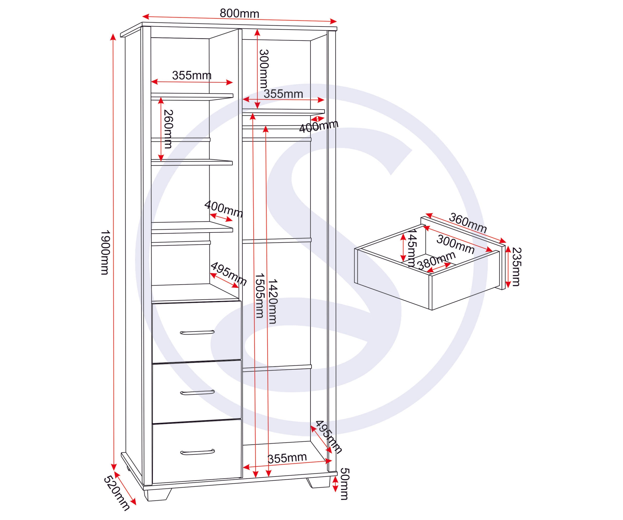 Oliver 1 Door 3 Drawer Open Shelf Wardrobe - Light Oak Effect