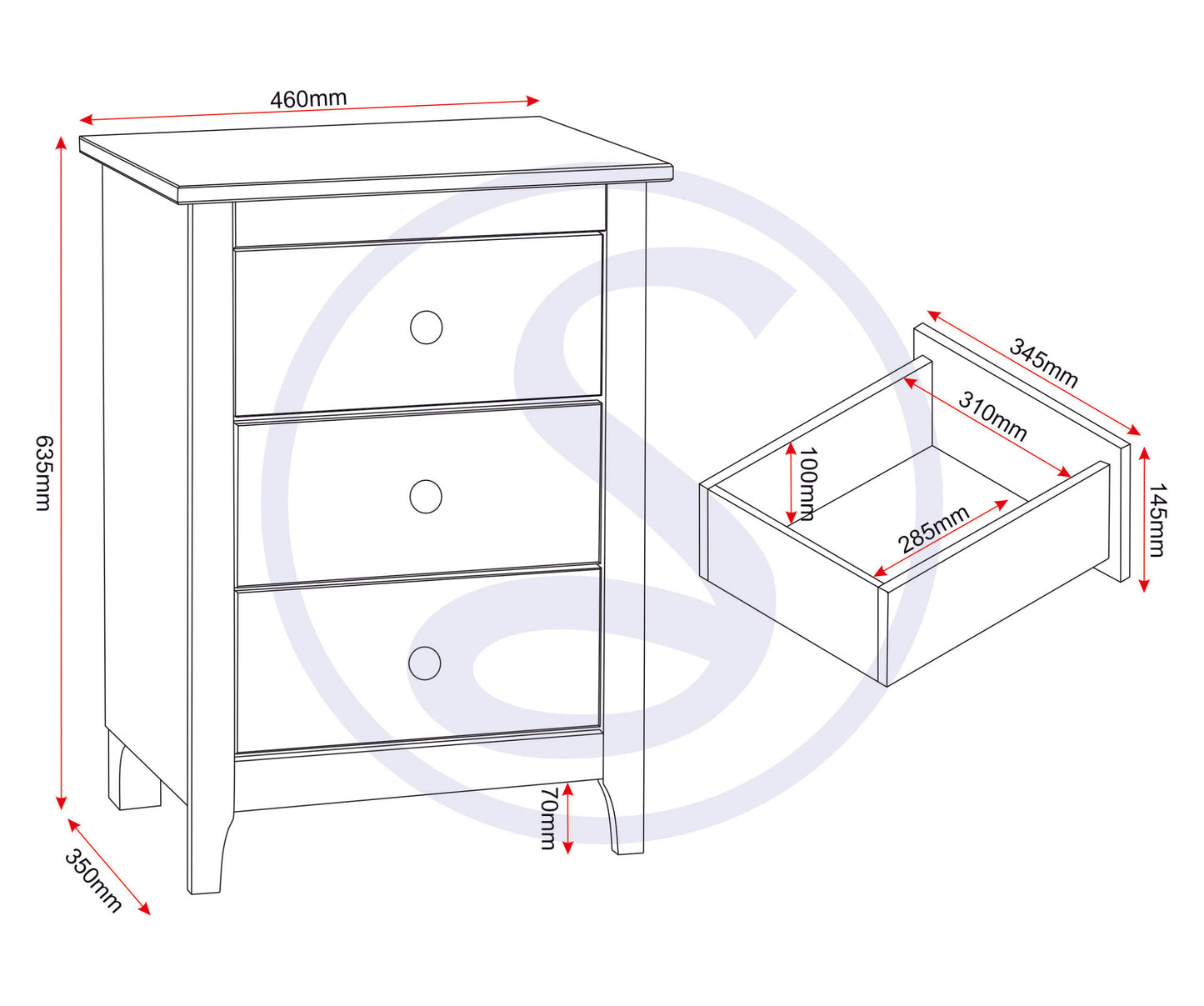 Oslo 3 Drawer Bedside - Antique Pine