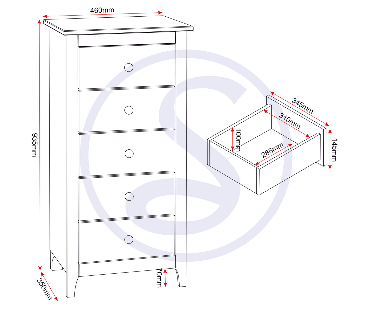 Oslo 5 Drawer Narrow Chest - Antique Pine