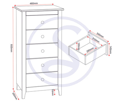 Oslo 5 Drawer Narrow Chest - Antique Pine