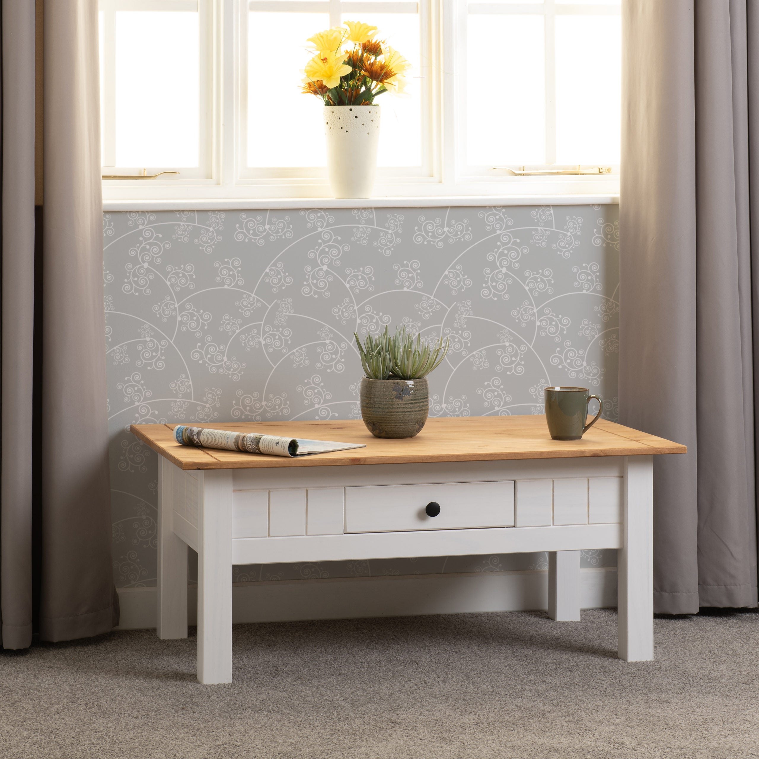 Panama 1 Drawer Coffee Table - White/Natural Wax