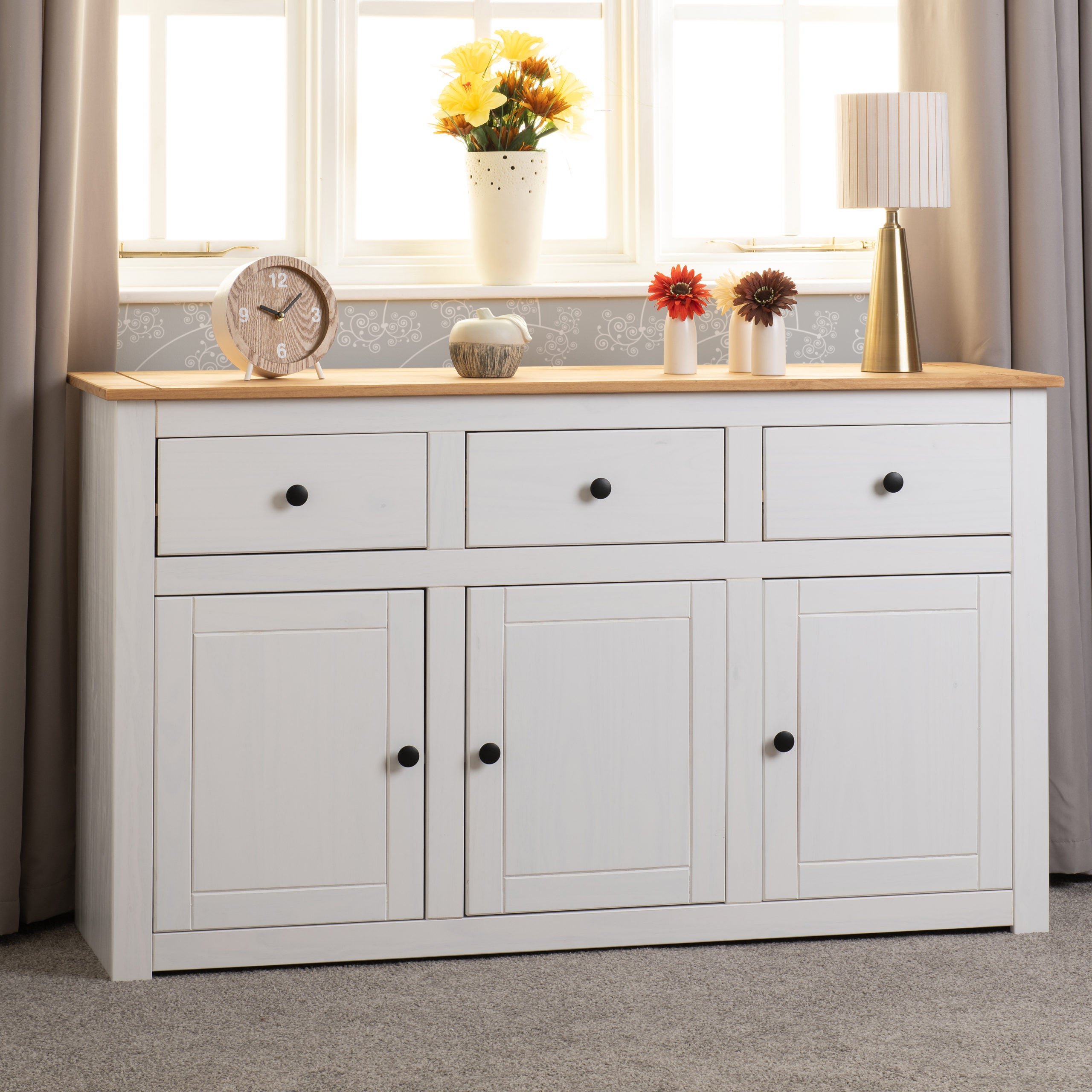 Panama 3 Door 3 Drawer Sideboard - White/Natural Wax
