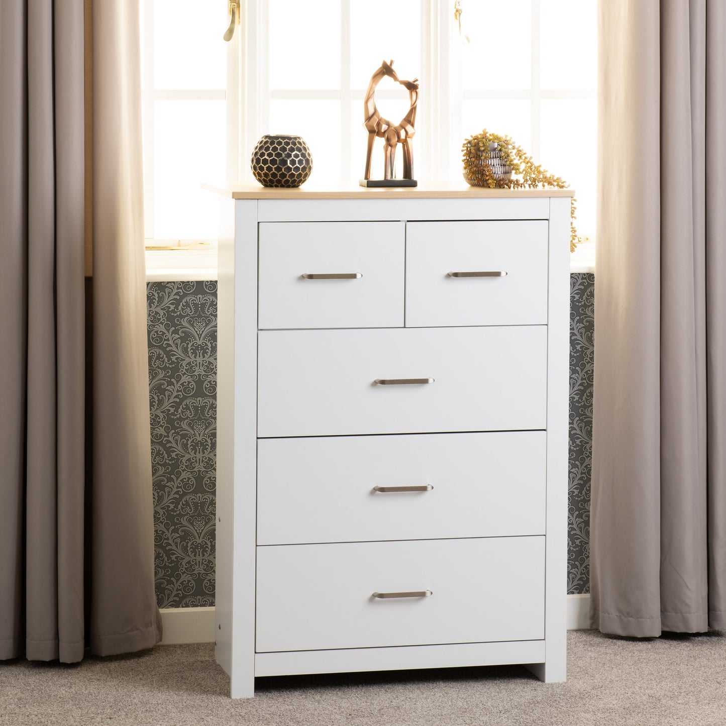 Portland 3+2 Drawer Chest - White/Oak Effect