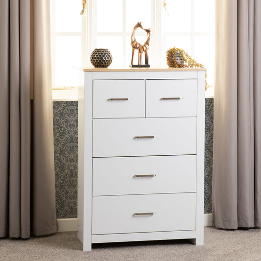 Portland 3+2 Drawer Chest - White/Oak Effect