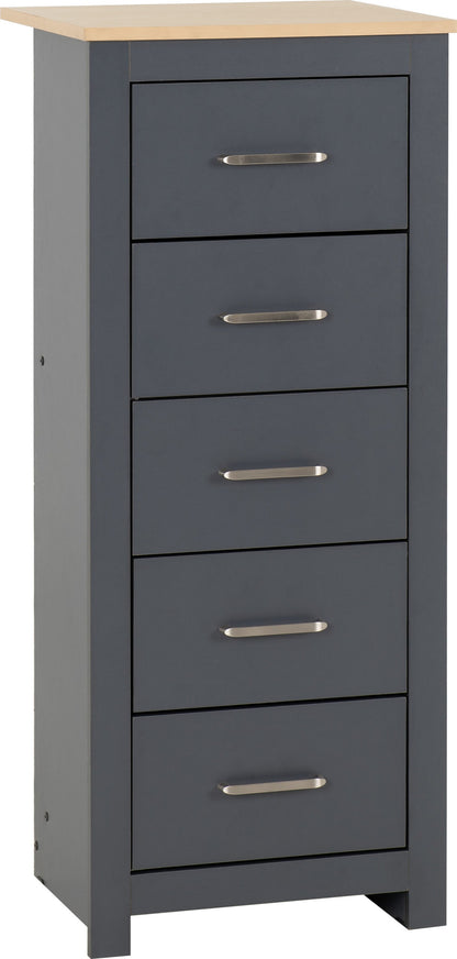 Portland 5 Drawer Narrow Chest - Grey/Oak Effect