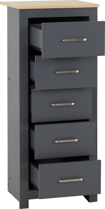 Portland 5 Drawer Narrow Chest - Grey/Oak Effect