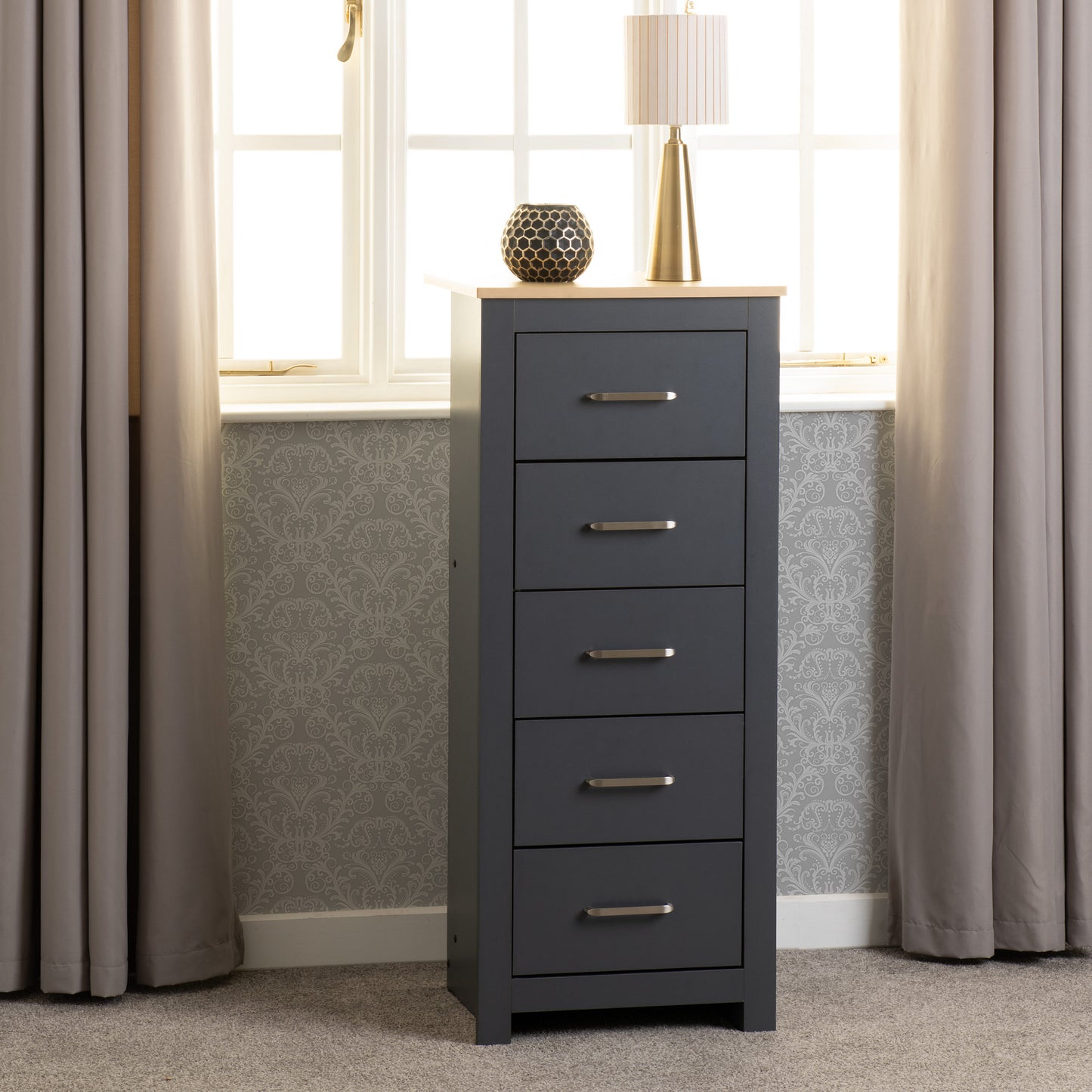 Portland 5 Drawer Narrow Chest - Grey/Oak Effect