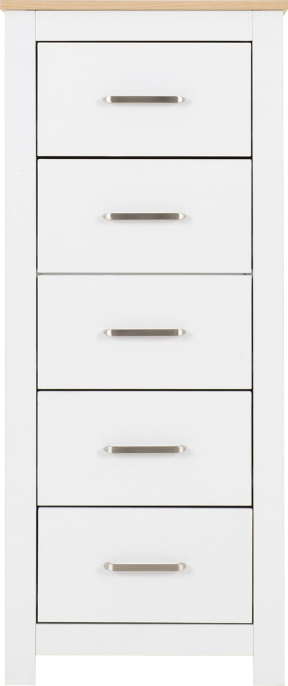 Portland 5 Drawer Narrow Chest - White/Oak Effect