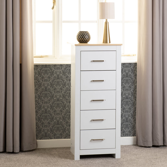Portland 5 Drawer Narrow Chest - White/Oak Effect