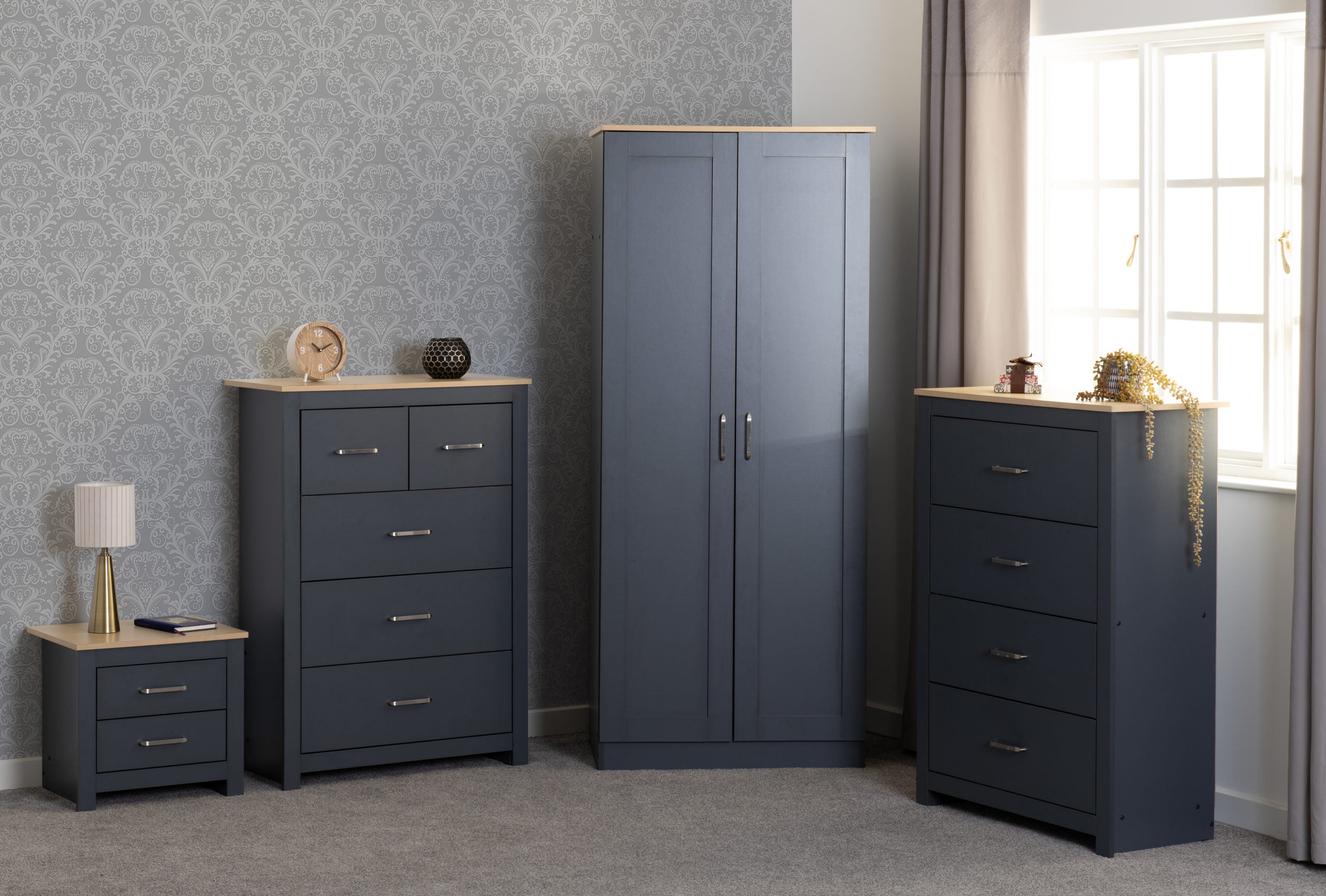 Portland 2 Drawer Bedside - Grey/Oak Effect