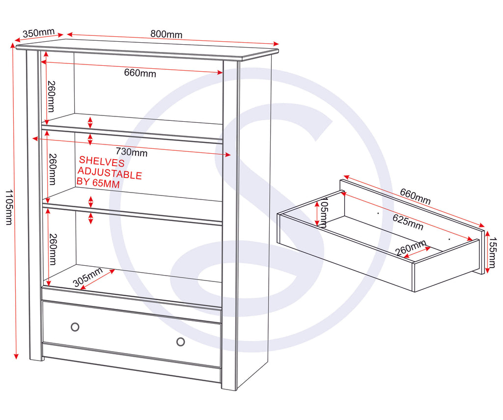 Panama 1 Drawer Bookcase - White/Natural Wax