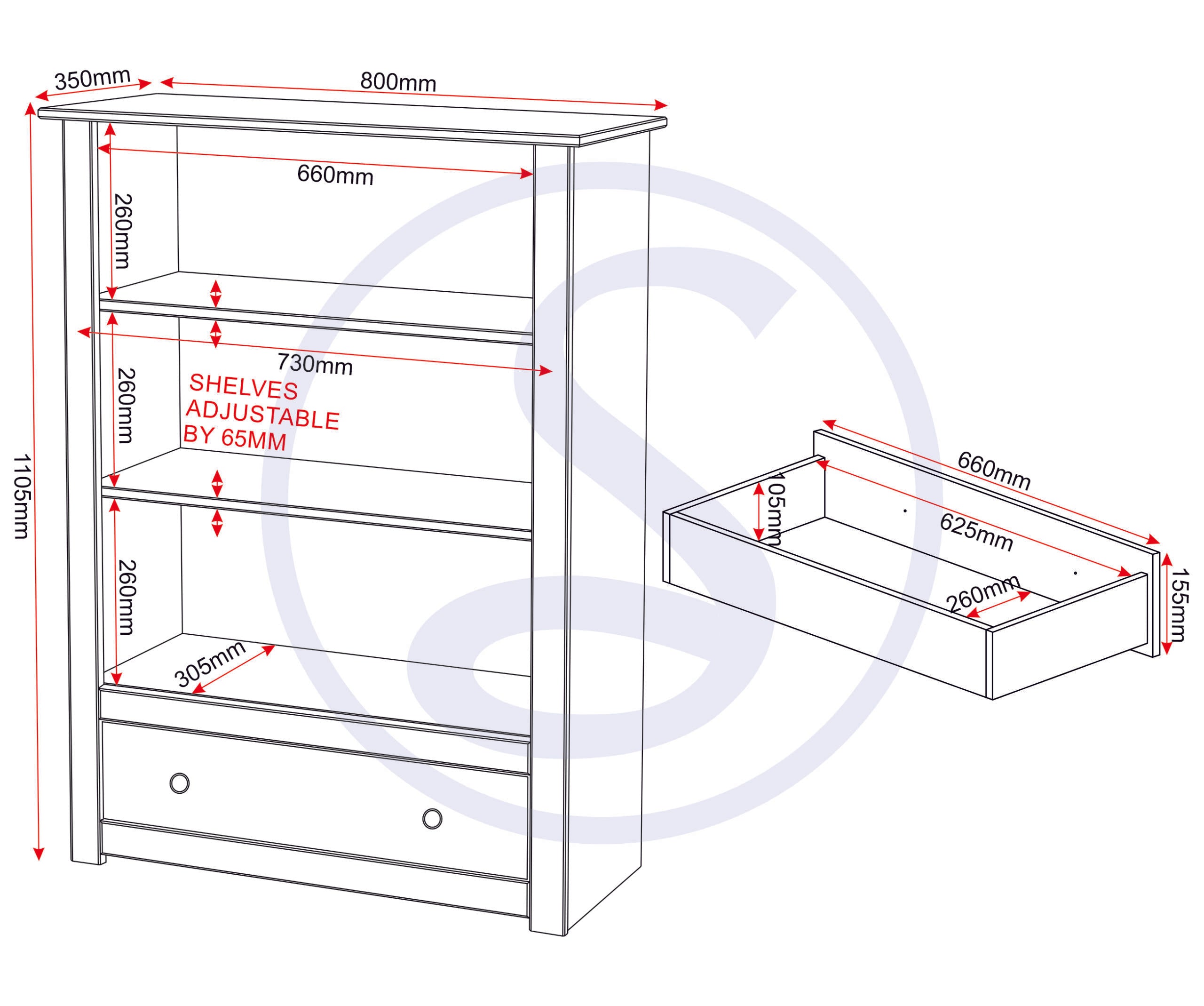 Panama 1 Drawer Bookcase - White/Natural Wax