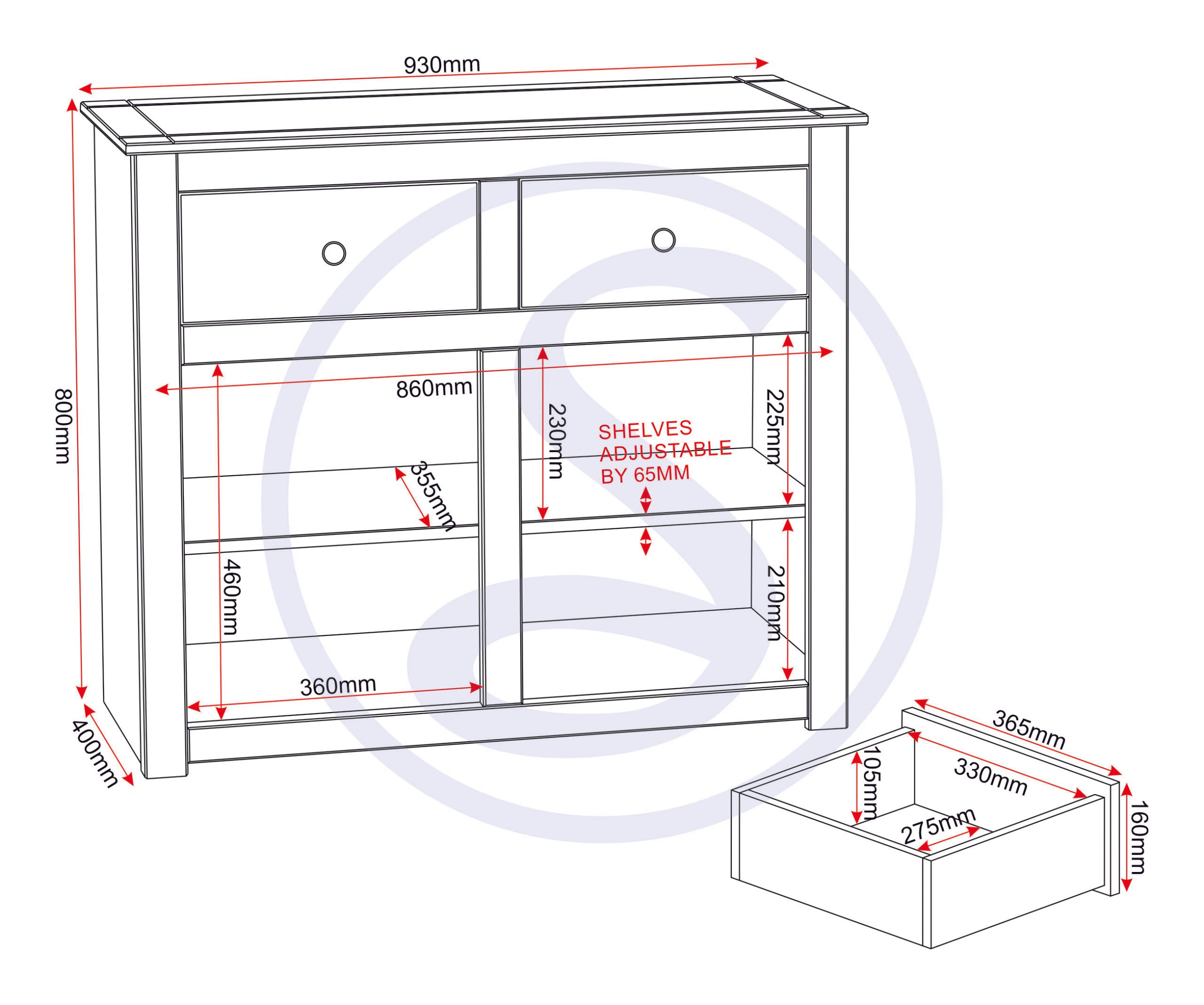 Panama 2 Door 2 Drawer Sideboard - White/Natural Wax