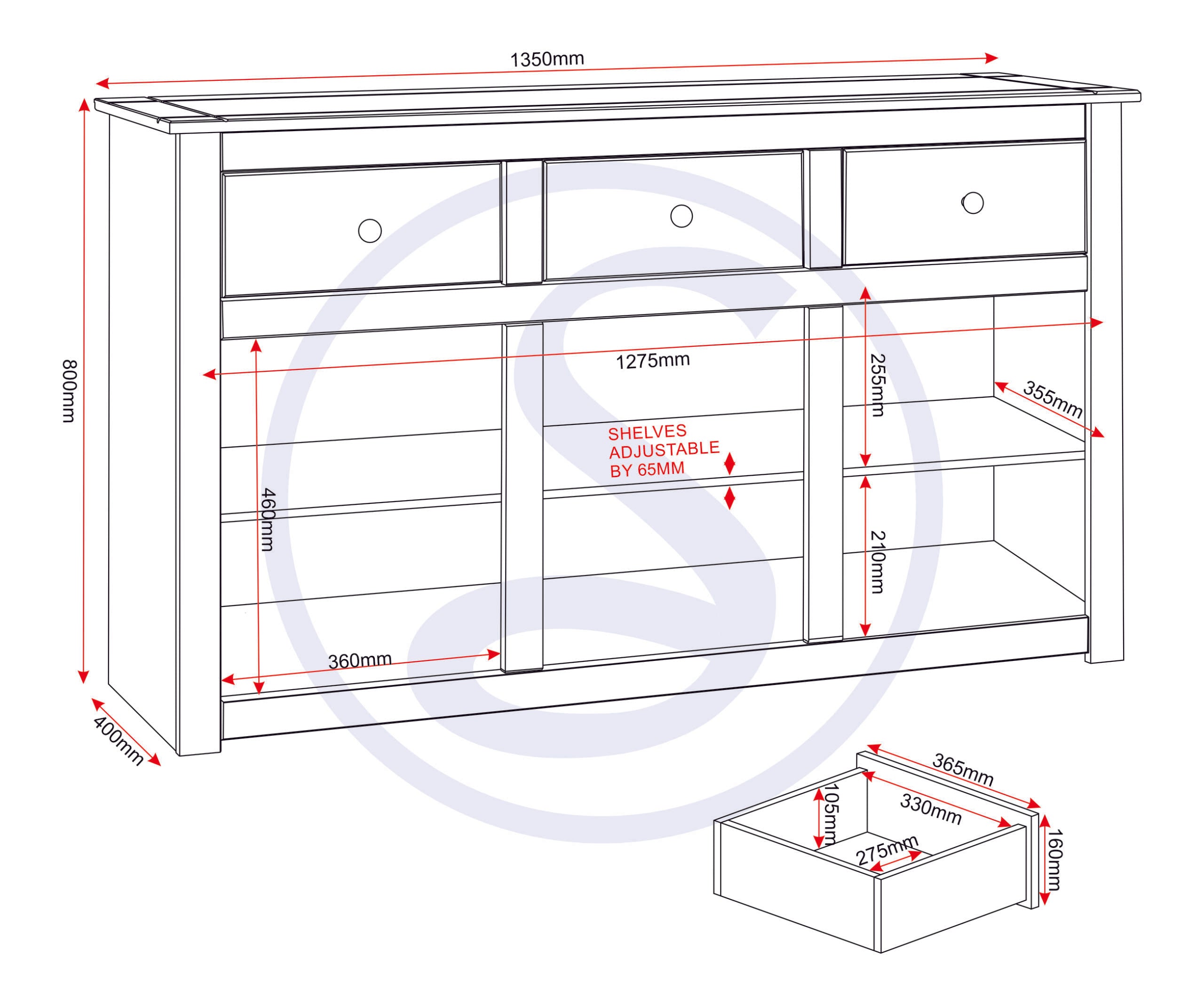 Panama 3 Door 3 Drawer Sideboard - White/Natural Wax