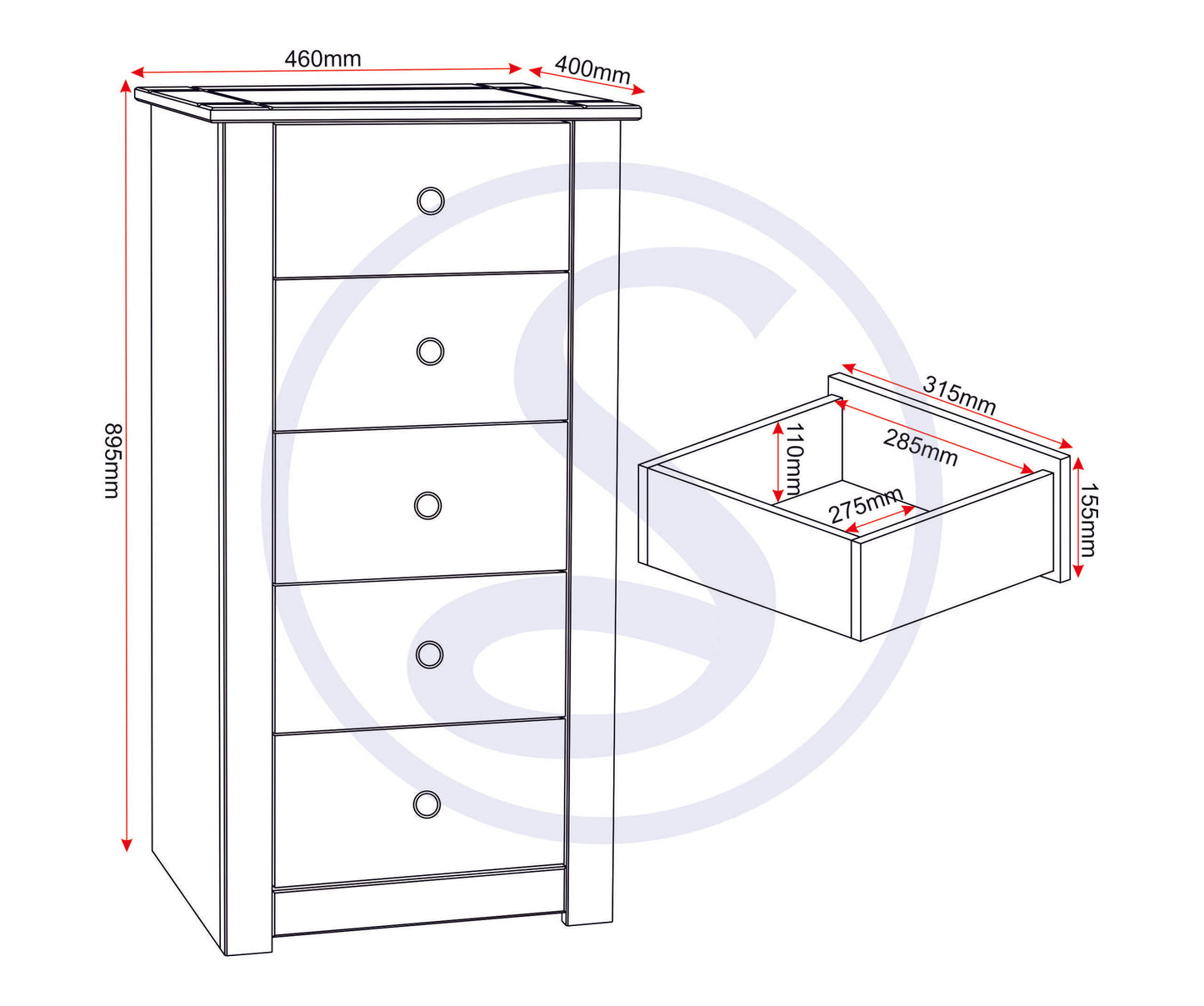 Panama 5 Drawer Chest - White/Natural Wax