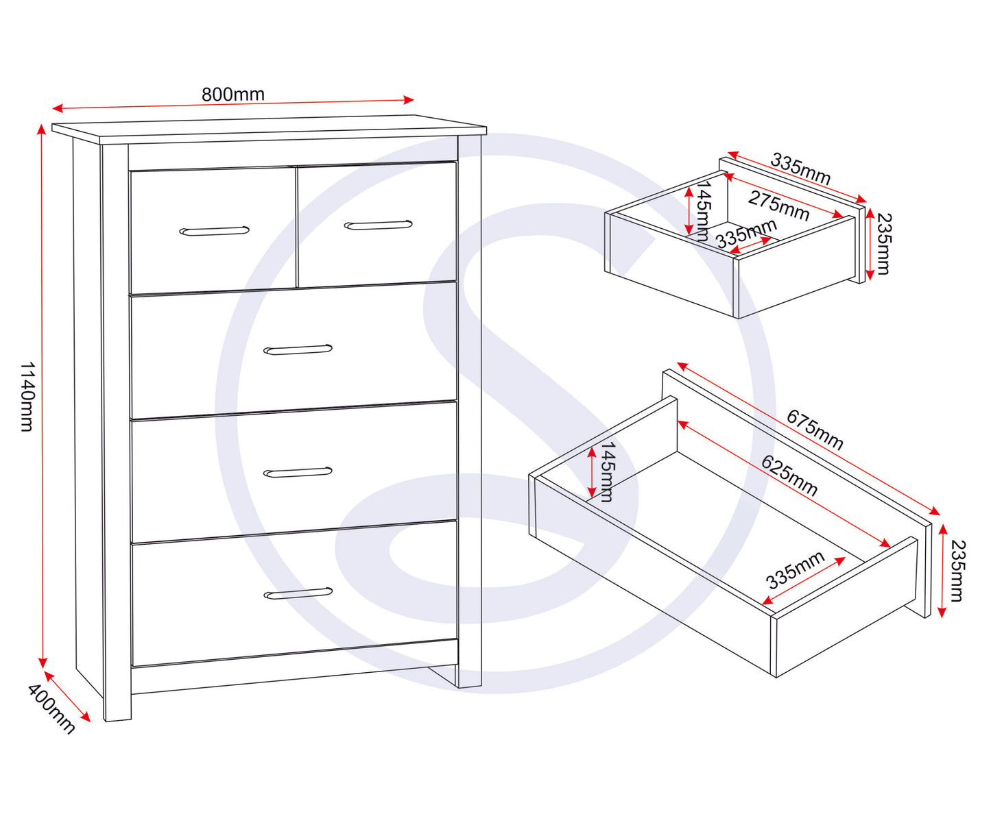 Portland 3+2 Drawer Chest - White/Oak Effect