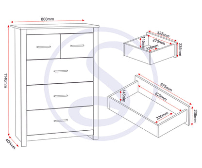 Portland 3+2 Drawer Chest - White/Oak Effect